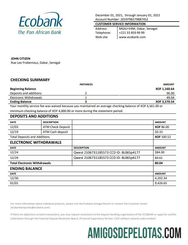Senegal Ecobank extrato bancário amostra